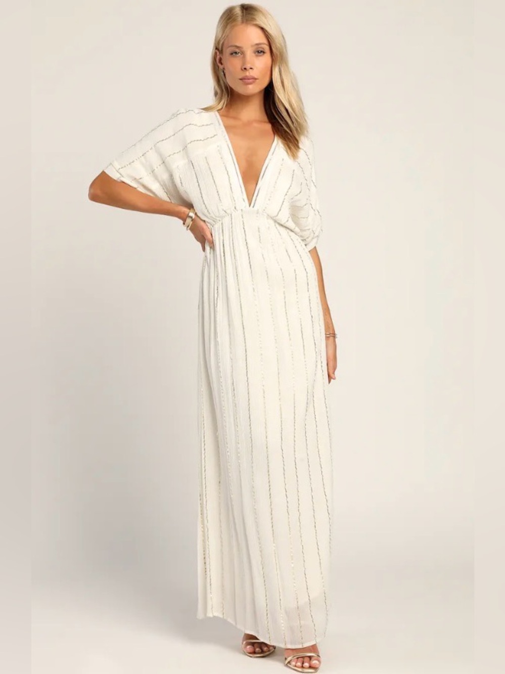 Lulu’s Elegant White Deep V Maxi Dress